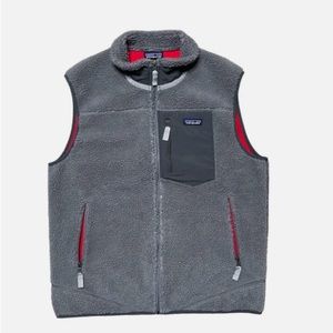 Patagonia Classic Retro-X Deep Pile Fleece Vest Full Zip Gray Red, Men’s Medium
